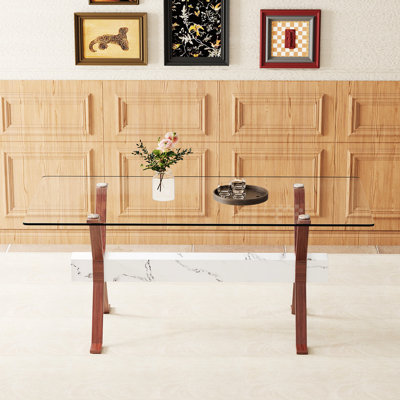 Table de salle à manger transparente de 71 po x 35,4 po avec pieds en forme de X de couleur noyer, blanc, idéale pour les repas en famille