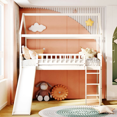 Twin Loft Bed With Slide, White - Multifunctional And . Elegant Plywood. No Box Spring Needed. For Over 6 Years Old. Assembly Time: 40 Minutes Size Slide Practical. Spacious Storage Underneath.