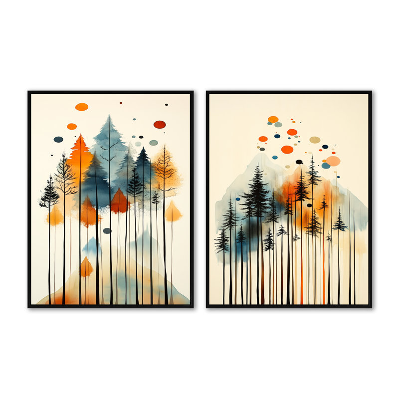 «Summer Valley Pine Forest Silhouettes I - Tree Pine», art encadré 2 pièces, H 32 po x l 48 po, Cadre flottant noir