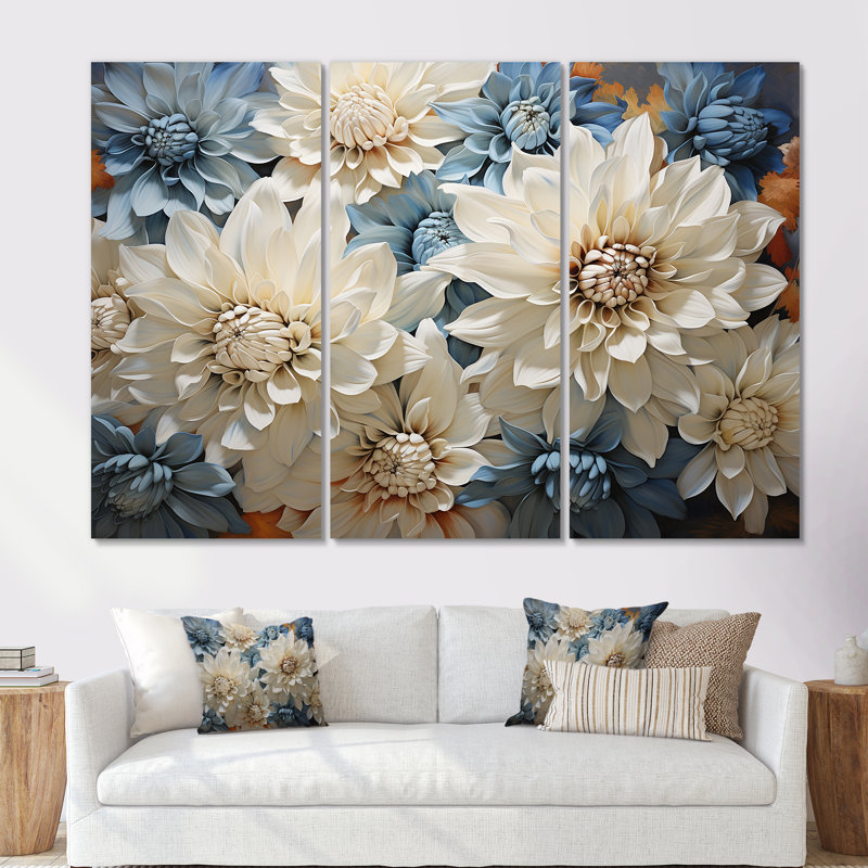 Ensemble de salon mural blanc et bleu Chrysanthemums, Toile tendue, H 40 po x l 60 po x P 1 po