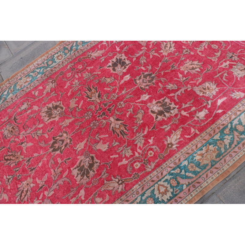 Tapis Oushak rétro avec frange - Grand tapis rouge sculpté à la main pour le salon