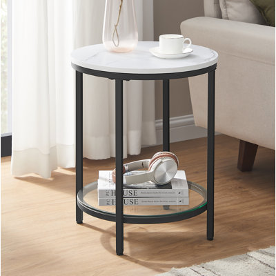 Table de bout ronde en faux marbre avec tablette en verre