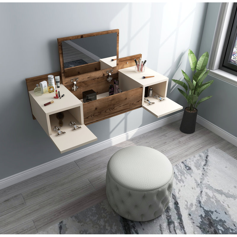 Mcgriff 100cm Wall-Mounted Dressing Table with Flip-Up Mirror and Hidden Storage, Brown/White