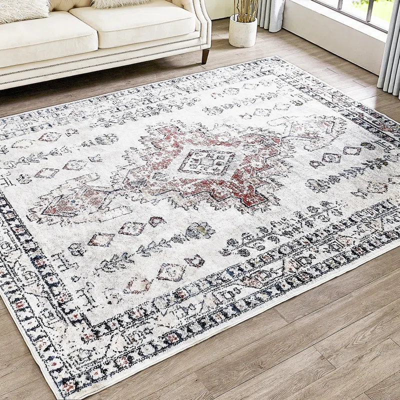 Tapis d'intérieur rouge antidérapant lavable à la machine Florant en rouge / beige / crème, Rectangle 9 pi x 12 pi