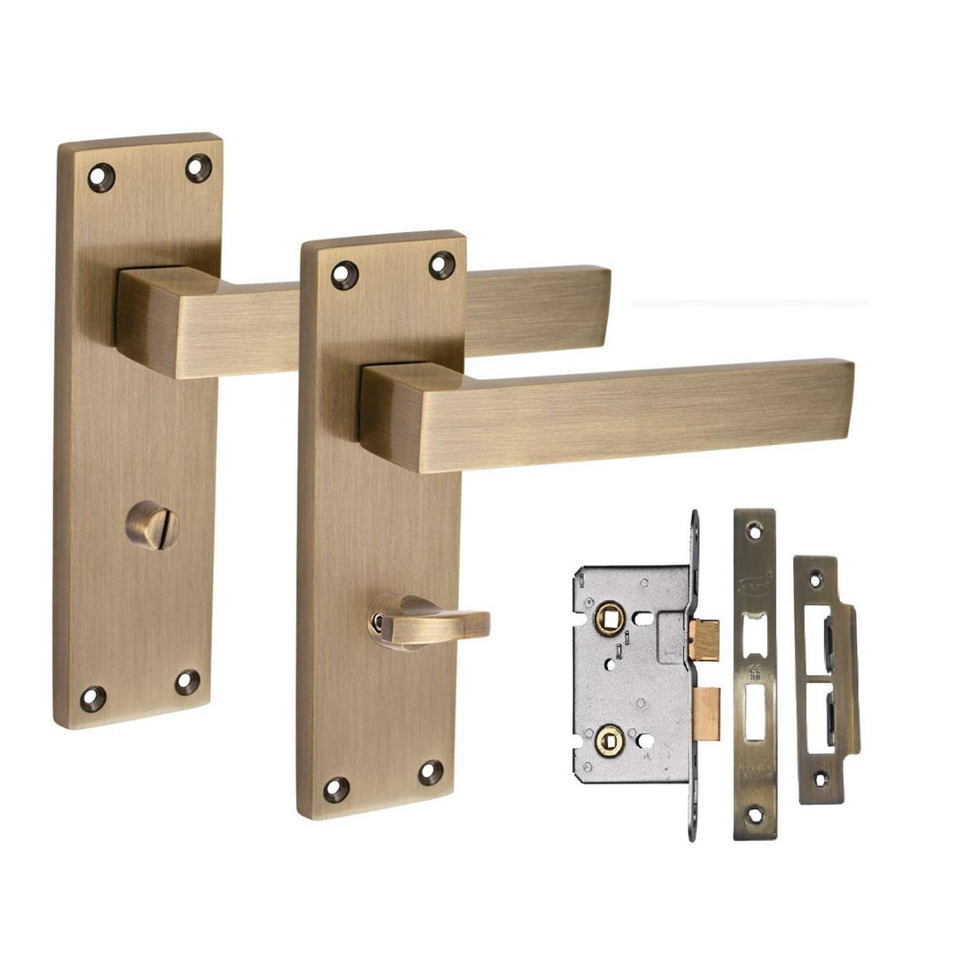 Golden Grace 1 Pair Victorian Delta Bathroom Door Handle Antique Brass Metal Mortise Lock Set with Fixing Screws - 150mm x 40mm