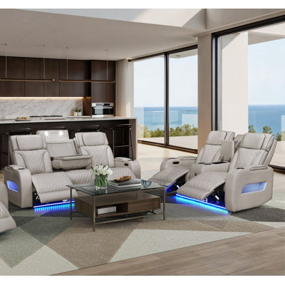 Jazmina Ice Leather Aire Transformer Power Reclining Sofa & Loveseat Living Room Set w/Power Headrest, Bluetooth Speakers, LED, Wireless Charging Drop-Down Table, USB Ports, Storage & Cupholders