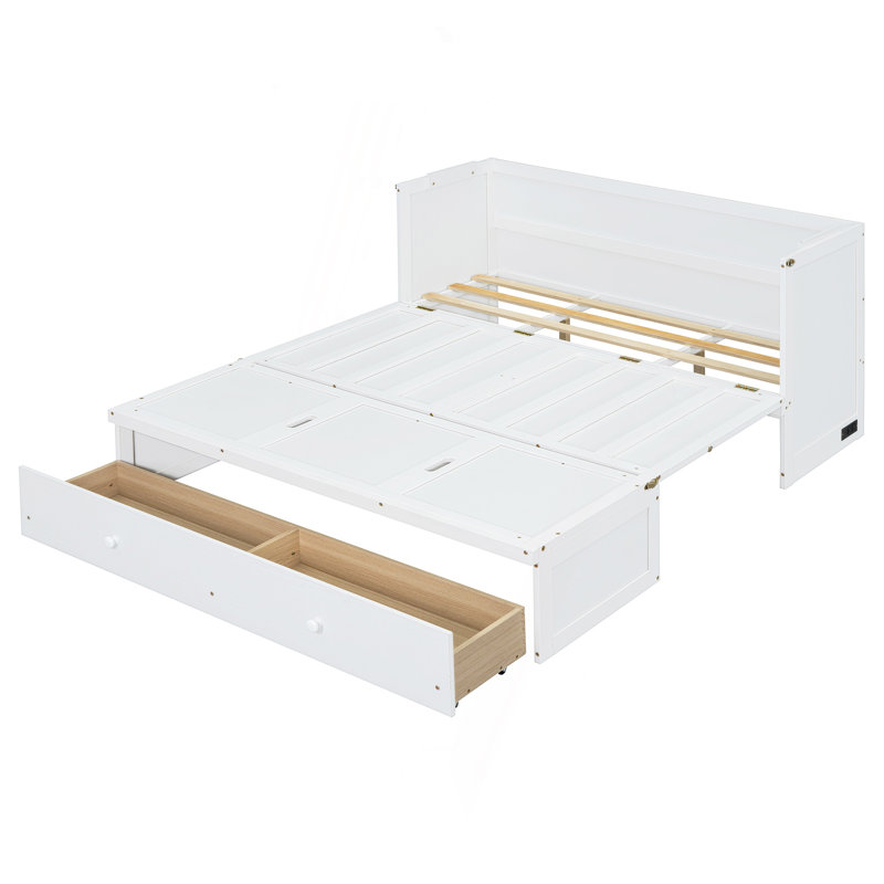 Grand lit escamotable avec port USB et grand tiroir, blanc, Blanc