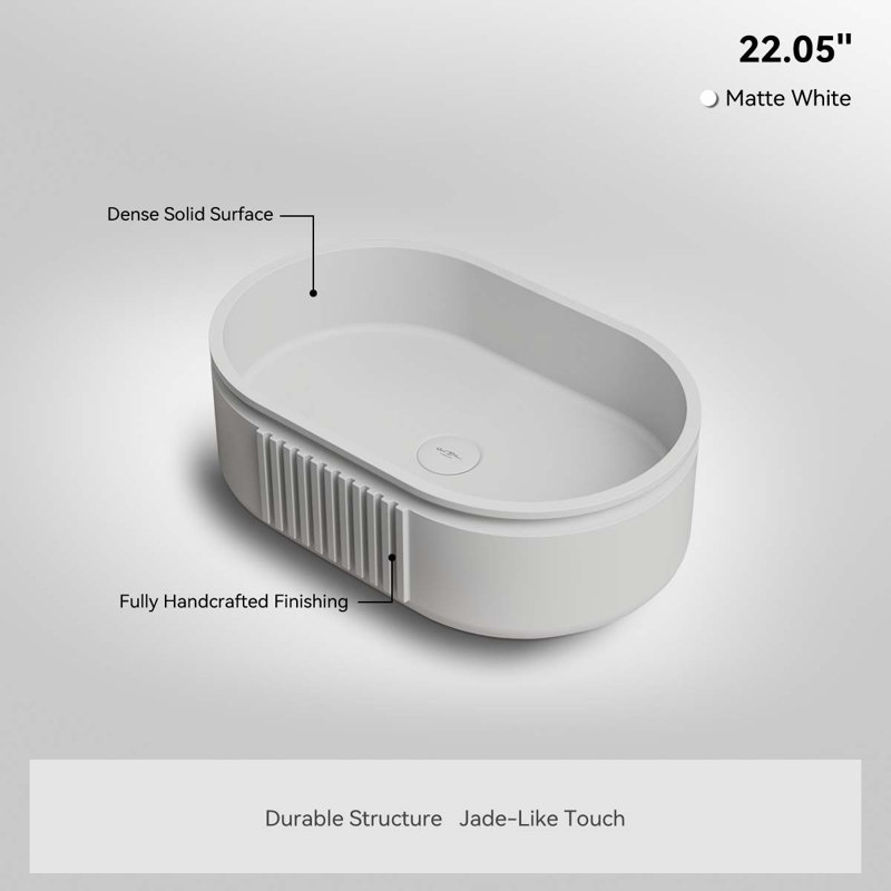 Lavabo vasque cannelé à surface solide ovale 22 po x 14 po Monblari, Blanc mat