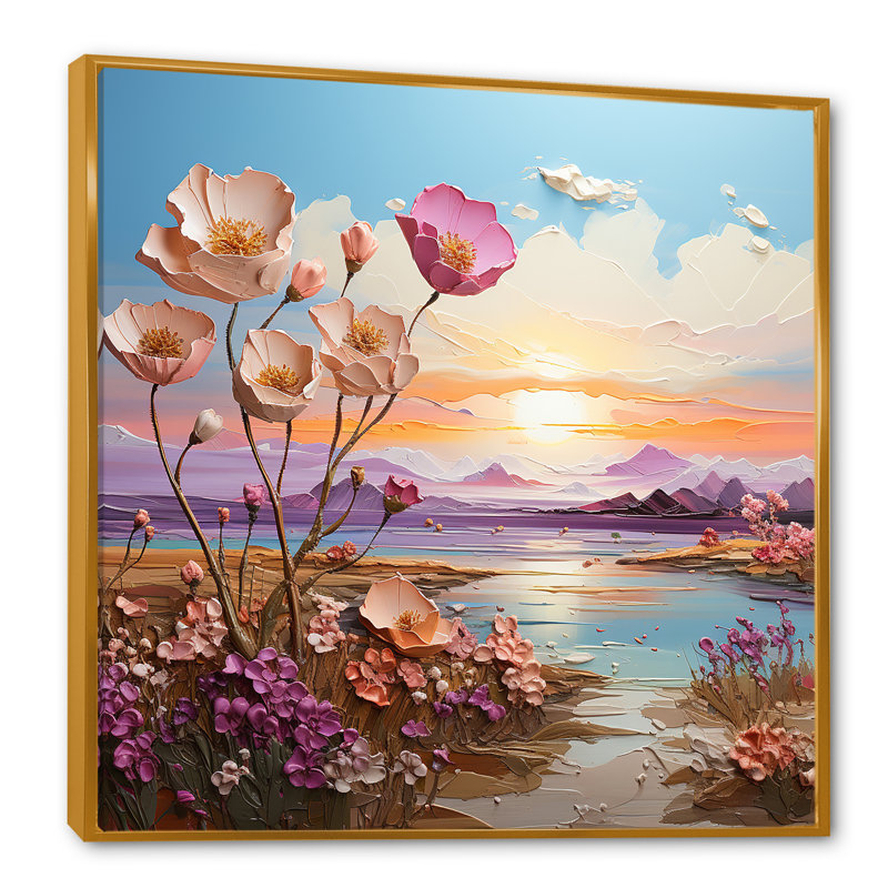 «Pink Poppies Mountain Field» sur toile, Cadre flottant doré, 36" H x 36" W