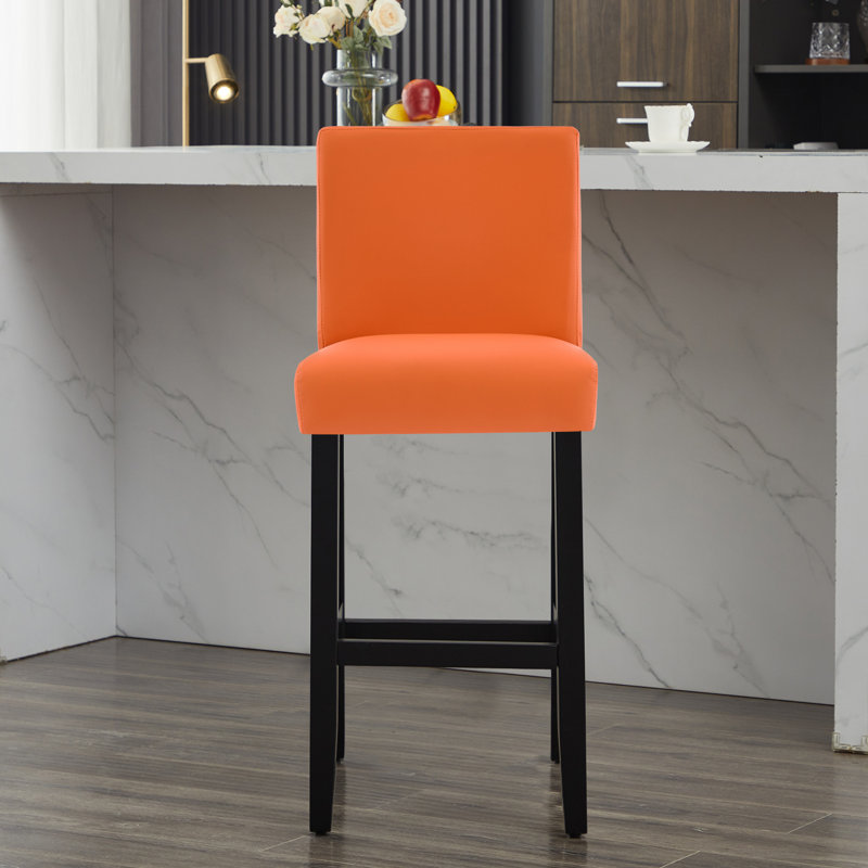 Tabouret de bar rembourré avec structure en bois massif, Orange / similicuir, 1