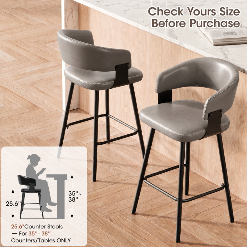 Tabourets de bar modernes en similicuir de 25,6 po, chaises de bar Mid-Century pour la cuisine et la salle à manger, Grey, 2