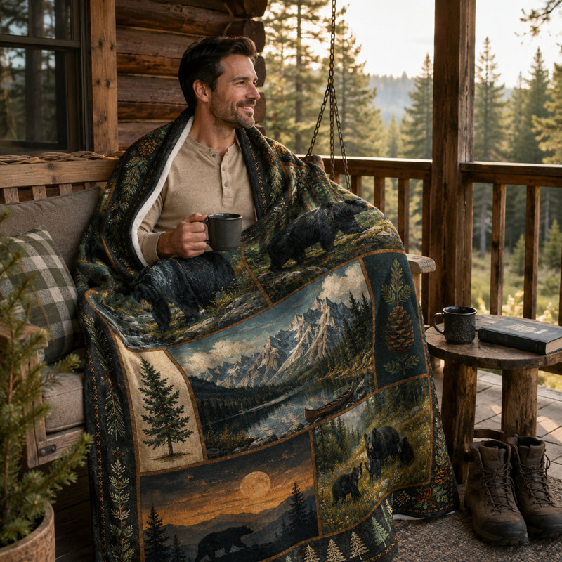 Couverture en flanelle patchwork d'ours noir avec pommes de pin, paysages de montagne, de lac et de forêt, jeté rustique à motif faune sauvage pour canapé, lit ou fauteuil de lecture, 127 x 152 cm