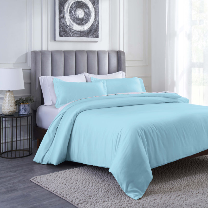 Ensemble de housse de couette 100% modal en bois de hêtre, Housse de couette pour très grand lit et 2 taies, Bleu clair