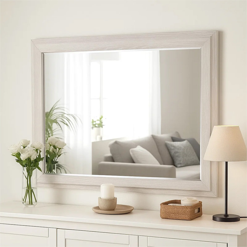 Miroir de commode 48 po Loji, cadre gris vieilli, bois d'hévéa massif