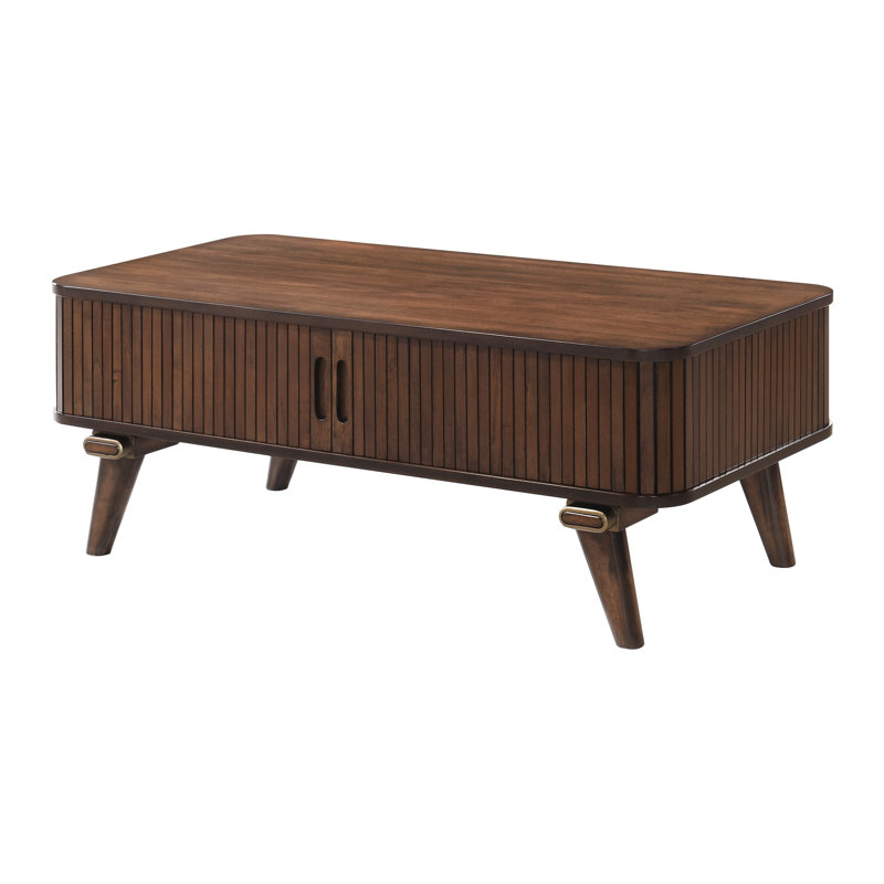 Table basse rectangulaire à finition noyer avec 2 tablettes et portes Tambour