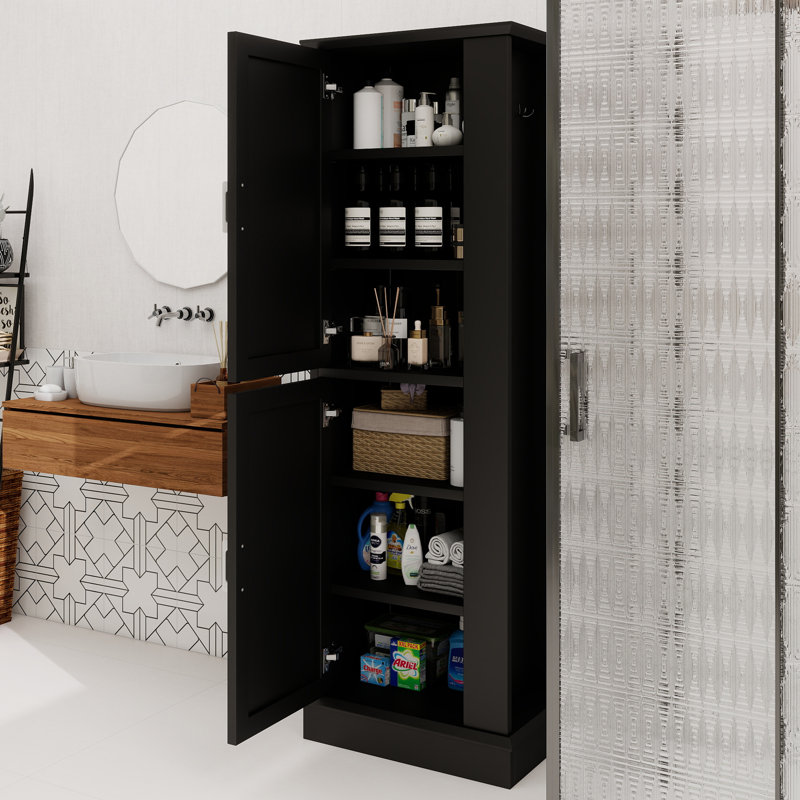 Grande armoire de rangement pour salle de bain, armoire de rangement autoportante avec crochet et tablette réglable, panneau de fibres à densité moyenne, noir