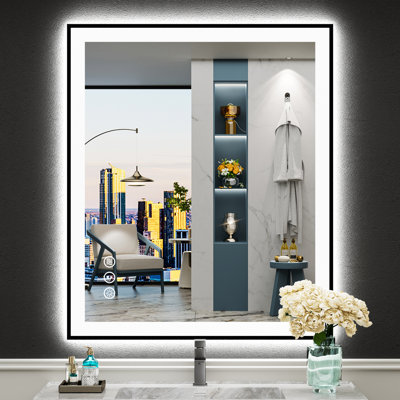 Miroir de salle de bain matte encadré noir matel avec lumières, éclairé à l'avant et à l'arrière, fonction mémoire, 3 températures de couleur, éclairage à intensité variable et miroir en verre trempé anti-buée homologué ETL