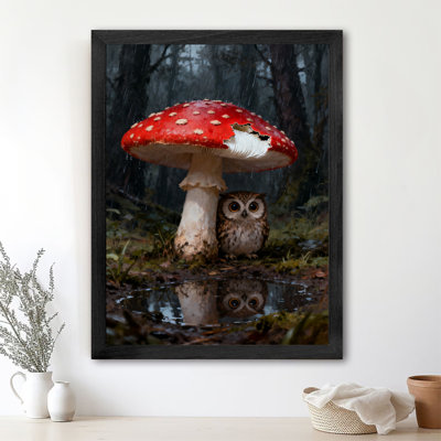 Art encadré noir Un hibou mignon se cachant sous la pluie sous des champignons rouges, impressions sur toile de style rétro
