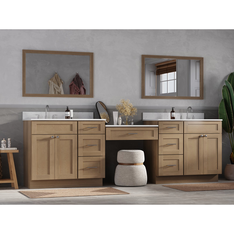 Disar 108" Double Bathroom Vanity With Desk Dovetail Solid Wood Drawer Carrara Quartz Top, Natural Oak