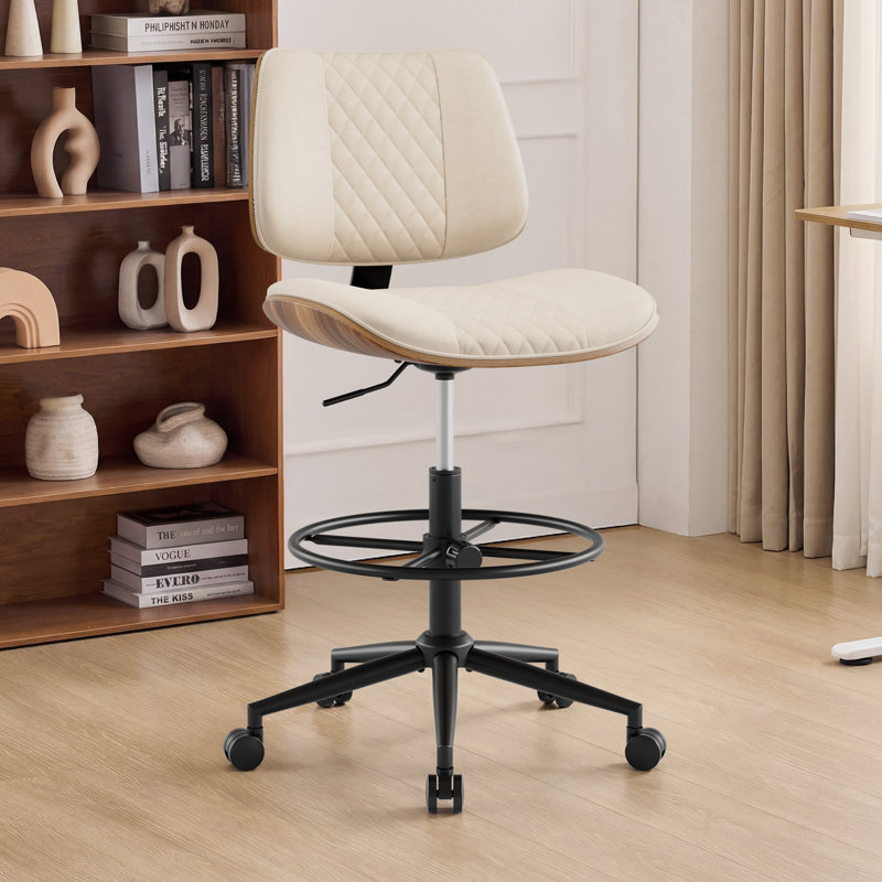 Mid Century Modern Drafting Chair With Foot Ring,Faux Leather And Walnut Wood Finish, Beige