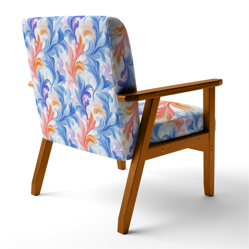 Chaise d'appoint French Country - Fauteuil bleu à motif cachemire Petal Curl, Accoudoirs carrés bruns