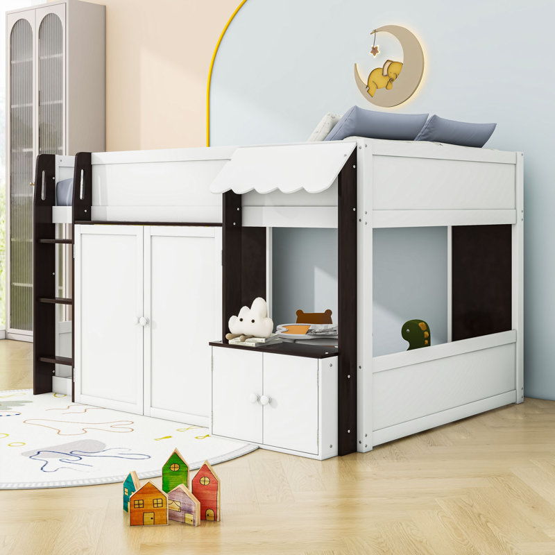 Lit mezzanine double avec échelle et armoire, Blanc / Espresso