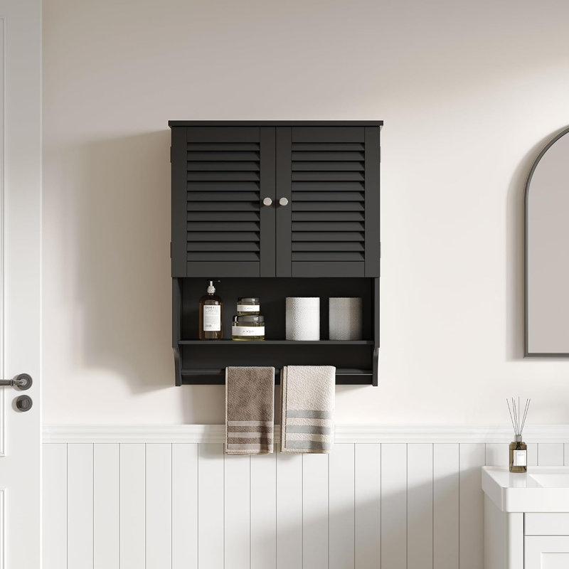 Armoire de salle de bain murale avec portes à persiennes, Noir