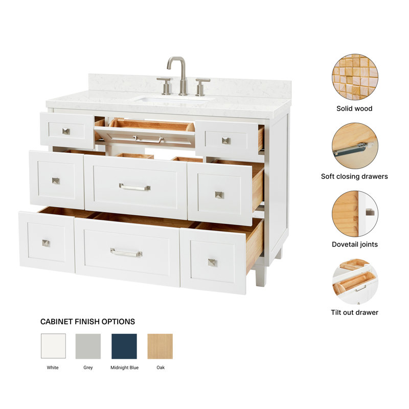 ARIEL Monroe 48 Single Sink Bathroom Vanity with Carrara Quartz Top, White, 48" - 49", Carrara White Quartz
