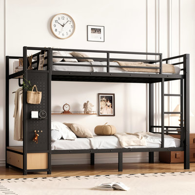 Lit superposé simple TG au-dessus de simple TG pour ados avec tablettes de rangement, tiroirs et panneau perforé, noir