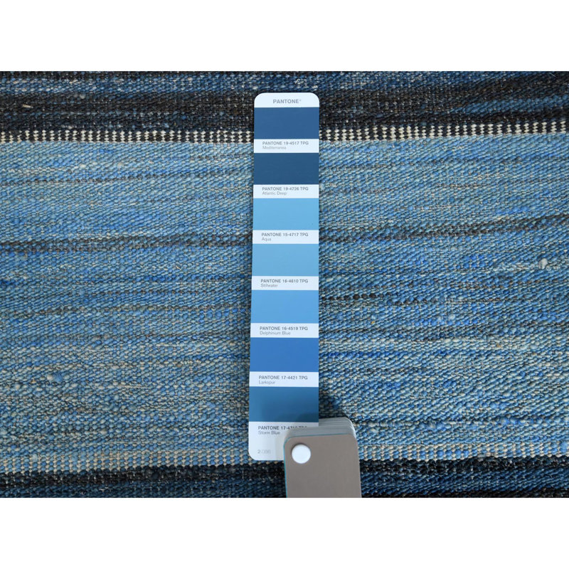 Tapis bleu / vert en laine noué à la main de conception unique 9 pi 7 po x 11 pi 10 po New Age Featherly