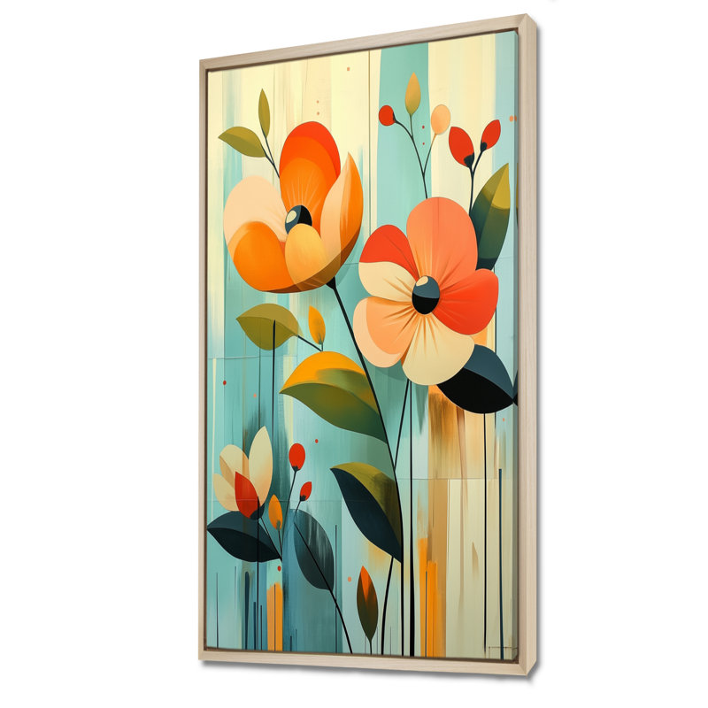 Orange bleu Campton II - décoration murale florale orange, impressions encadrées colorées, H 32 po x l 16 po