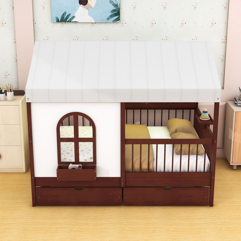 2 Drawers Full House Bed Frame with Built-In Bookshelf, LED Light, Power Hub and Tall Guardrails