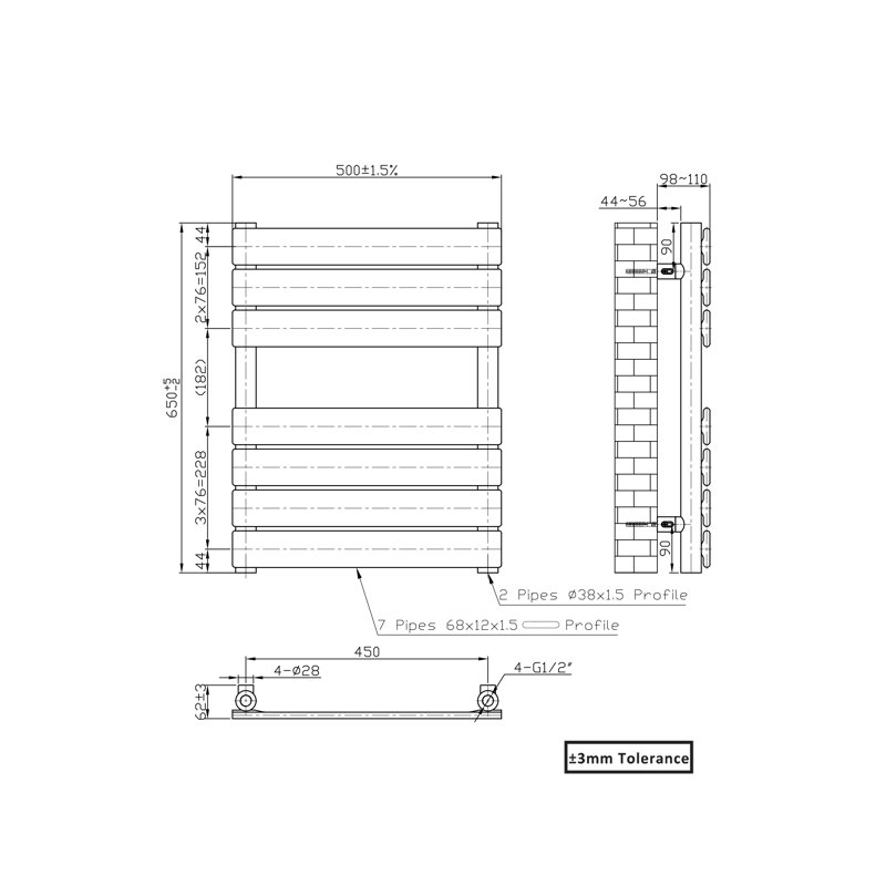 Flat Panel Heated Towel Rail Radiator Bathroom Warmer, 65cm H x 50cm W x 6.2cm D, Chrome