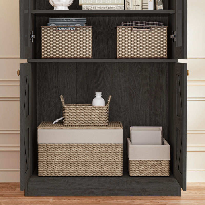 Bibliothèque de rangement Rylay et 2 armoires à portes en verre avec 1 rangement ouvert et 3 tiroirs, Noir