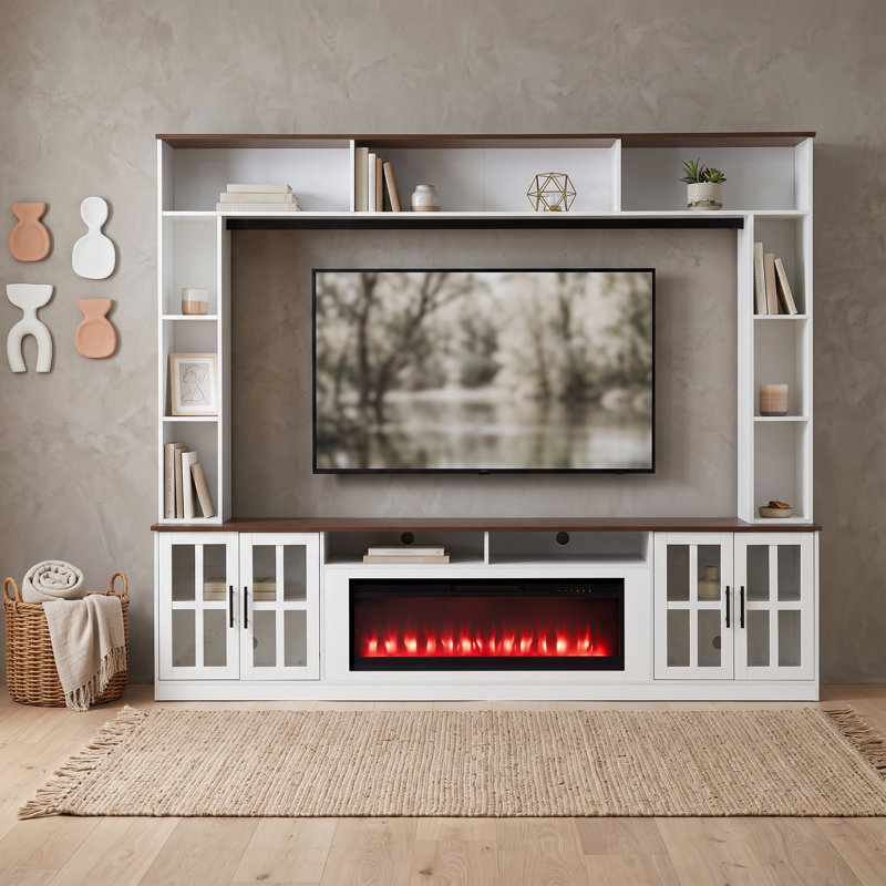 Meuble audio-vidéo moderne avec foyer électrique, tablettes, armoires à portes vitrées et rangement réglable, White Walnut