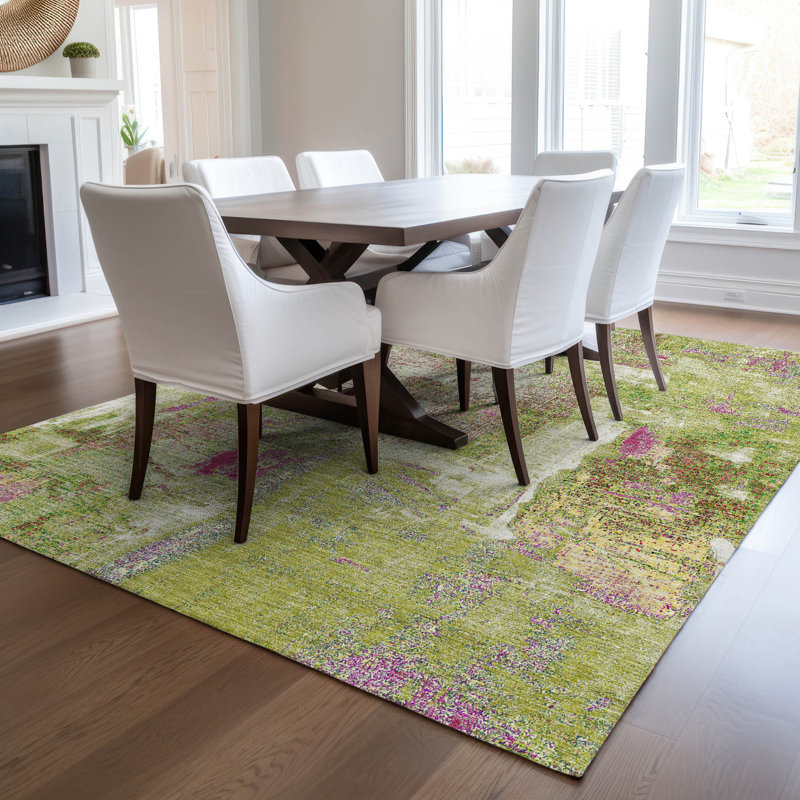 Lime Abstract Flat Woven Synthetic 8' x 10' Washable Rug