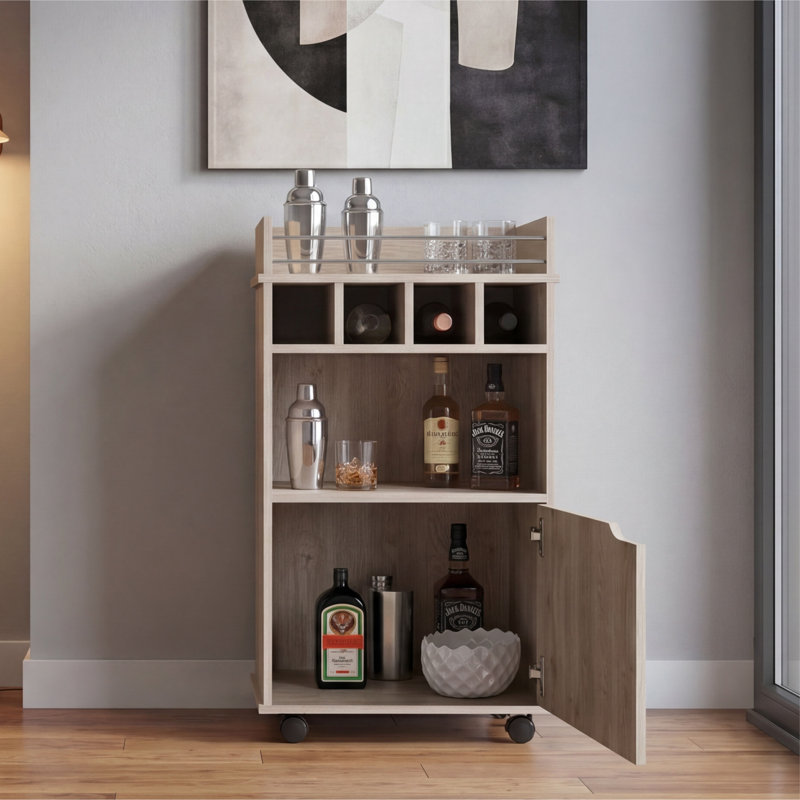 Chariot-bar avec 2 tablettes ouvertes, 4 casiers à vin et une armoire de rangement à portes battantes, Beige