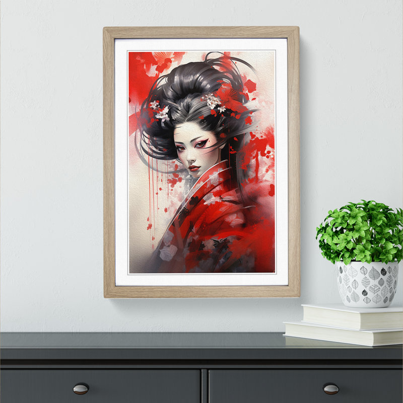Geisha Symbolism Art - Framed Print, Oak Framed, 46cm H x 34cm W