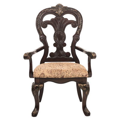 2 Traditional Armchairs, Cherry Finish & Gold Tipping, Fabric Covered, 26" Width, Dining Furniture Room Armchair Of 2, Design, Wood With Gold, Fabric, 19.5" Seat Depth, 44" Height