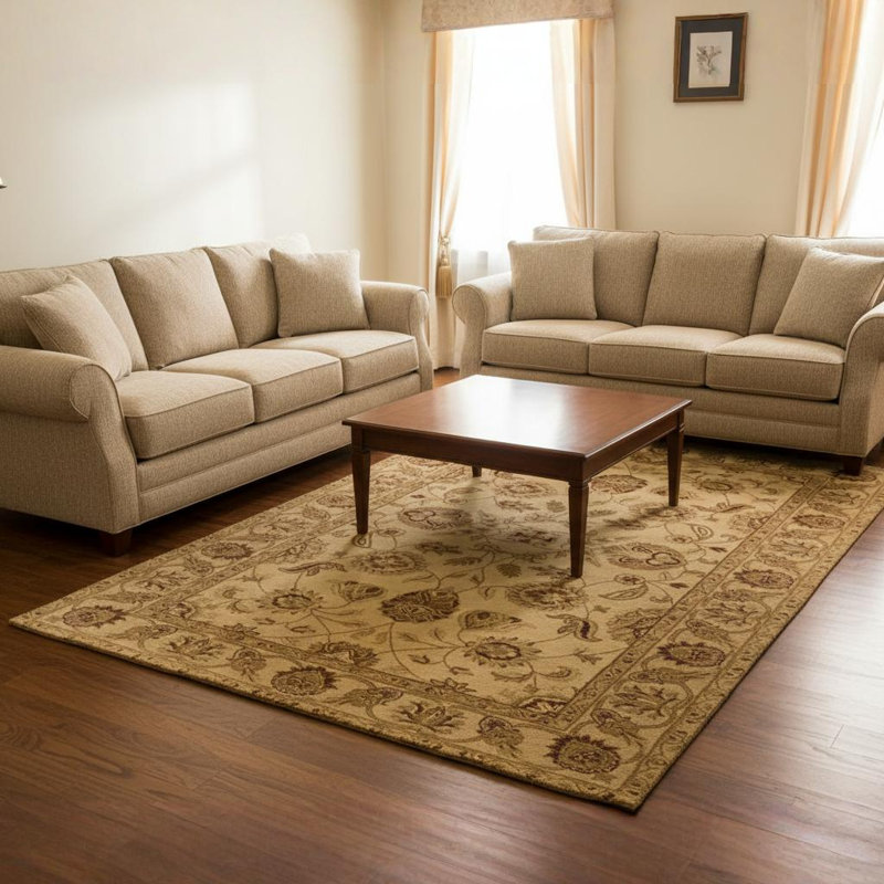 Ellenton Authentic Hand-Tufted Handmade Beige, Gold, Tan & Deep Red Traditional Symmetrical Botanical Floral Wool Area Rug