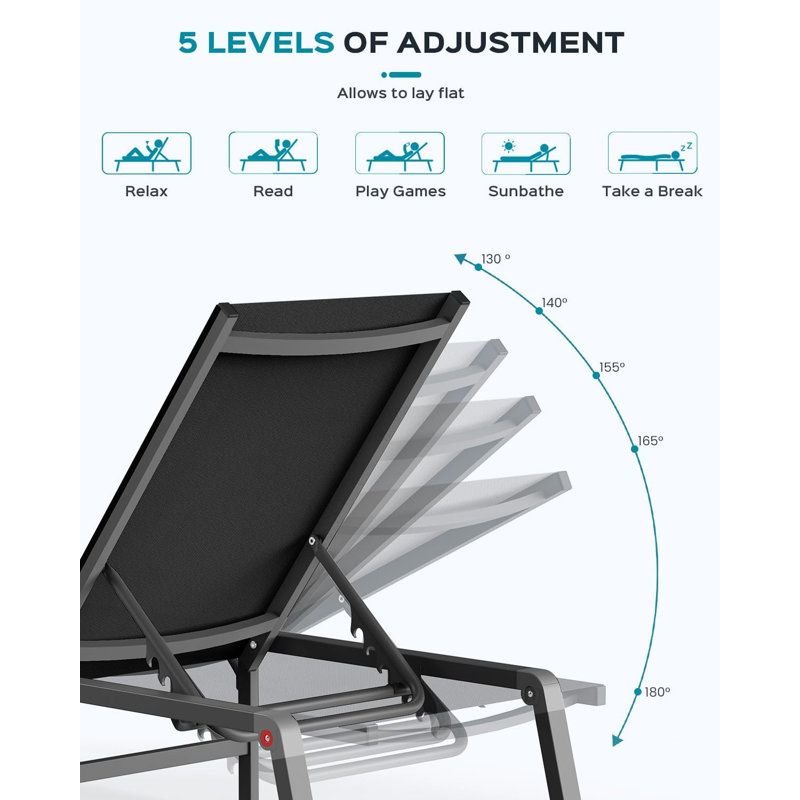 Outdoor Aluminum Lounge Chair - Foldable, Assembly-Free, with 5 Adjustable Backrests, Black