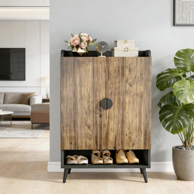 Rangement pour chaussures rétro à 7 niveaux, avec détails en métal doré, portes battantes, rangement réglable pour le désordre du vestibule, fabriqué à partir de panneau de particules E0, finition imperméable, pouvant contenir diverses chaussures