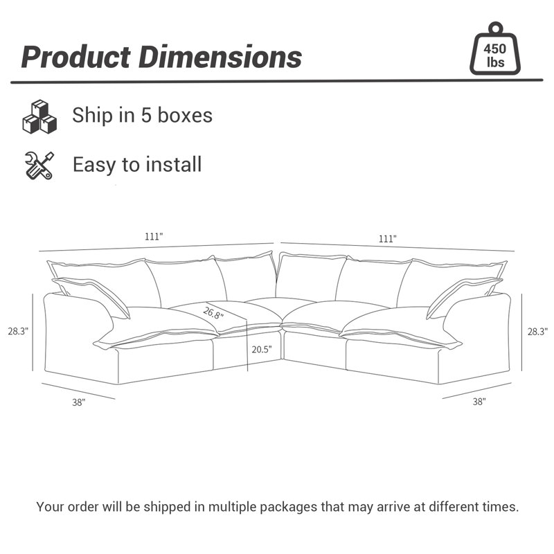115'' Down Feather Fluffy Modular Sofa Chaise, Gray Linen Blend