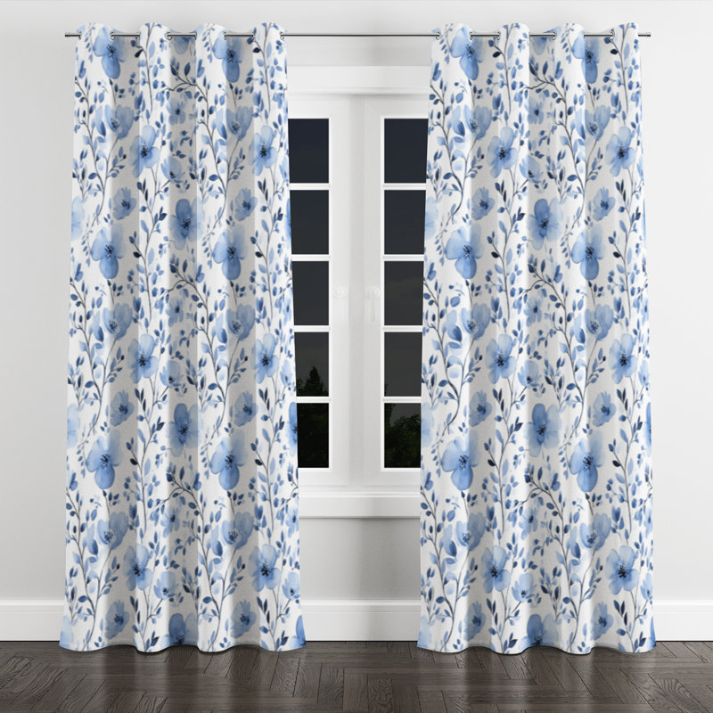 Rideaux de fenêtre Coastal - Rideau à œillets à motif floral bleu - 1 panneau, L 52 po x L 95 po, Œillets argentés