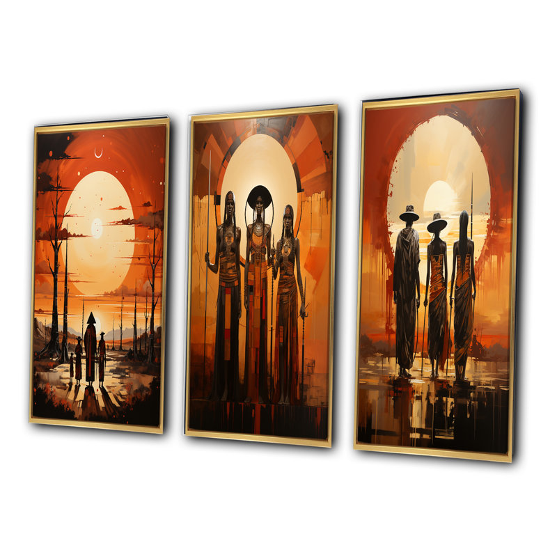 «Native American Art Tribal Vision», 3 pièces, Cadre flottant doré, H 40 po x l 60 po