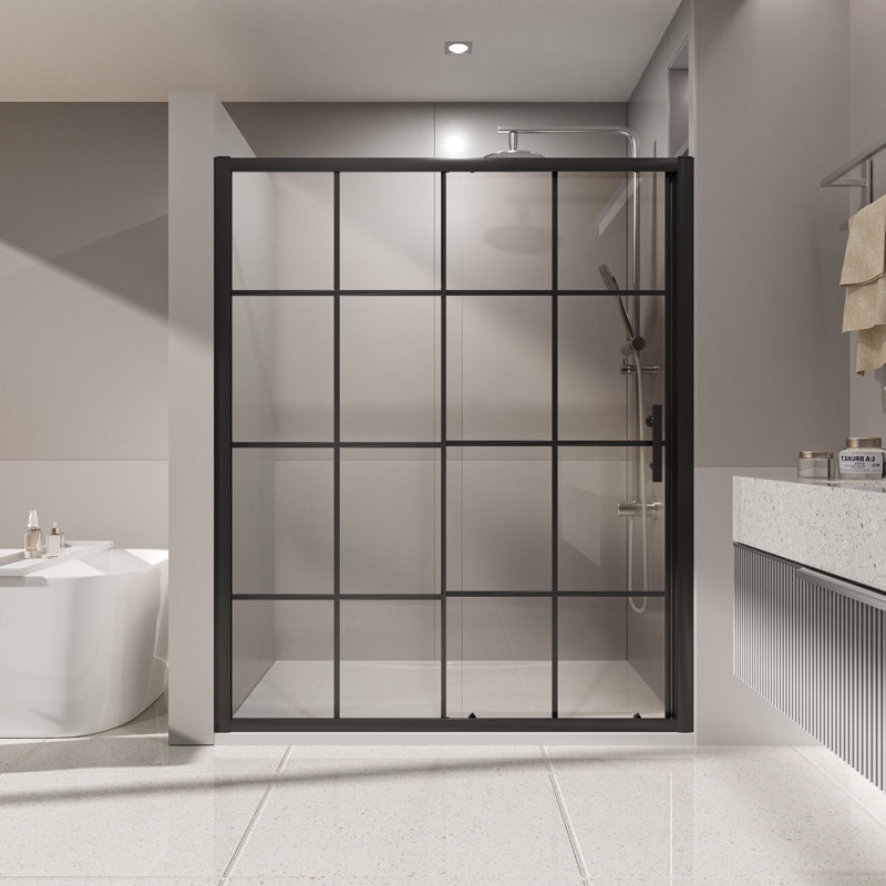 60" W x 72" H Framed Grid Pattern Single Sliding Shower Door with 1/4" (6mm) Clear  Tempered Glass in Matte Black Finish