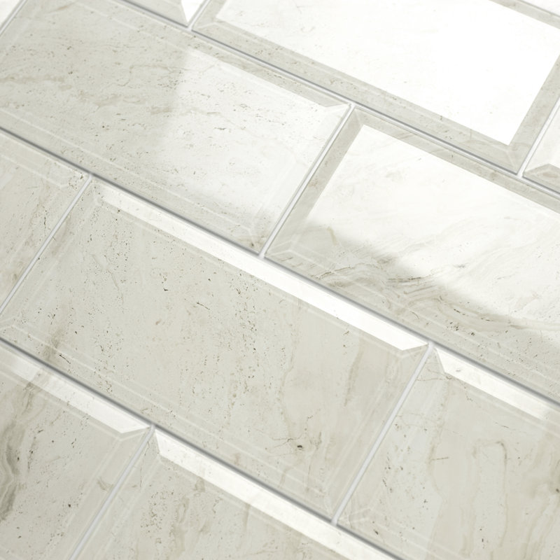 Nature 4 in. x 8 in. Marble Look Glass Beveled Subway Decorative Kitchen & Bathroom Wall Tile, Crema Marfil Beige