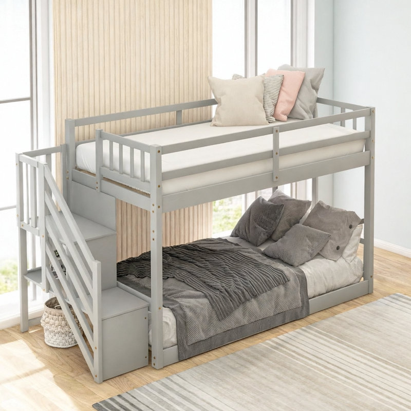 Lit superposé simple au-dessus d'un lit simple, échelle avec rangement, gris