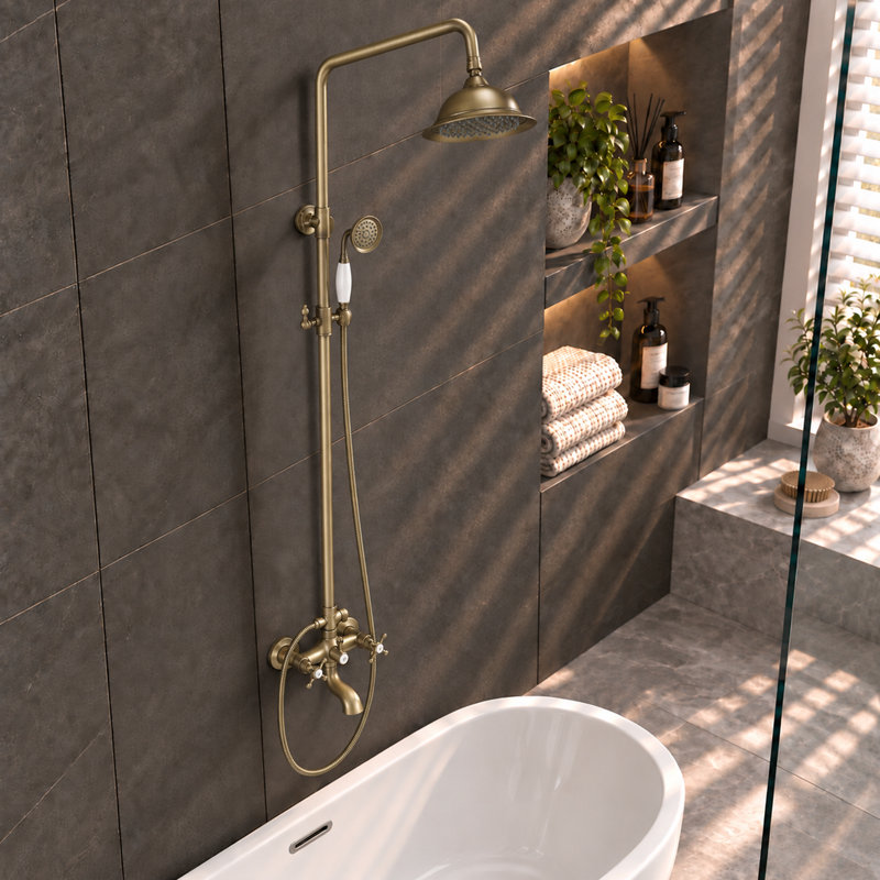Système de douche mural vintage en laiton antique, style goutte d'eau, avec douchette et bec de baignoire, design à trois buses pour salle de bain de style campagnard.