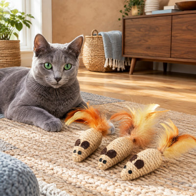 3-Pack Natural Sisal Mouse Toys with Feather Tails and Rattling Sound, Interactive Dental Chew Toys for Teeth Cleaning, Suitable for Indoor Cats, Kittens, and Puppies